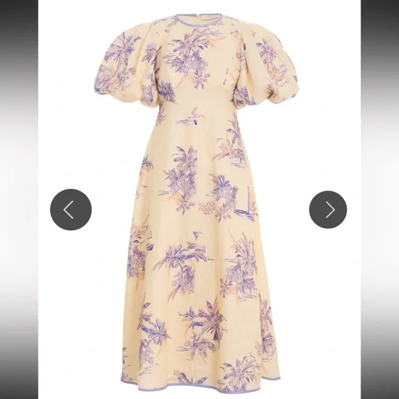 Floral Puff Sleeve Midi Dress - Cream and Purple - Picture 2 of 5